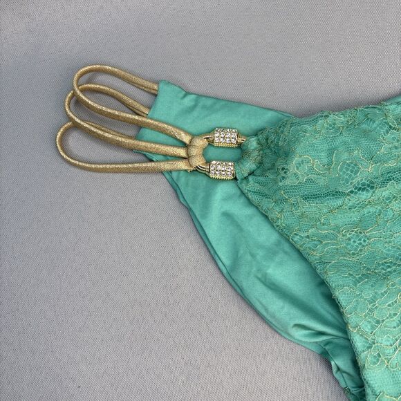 Beach Bunny Bikini Bottom Medium Madagascar Glam Mint Gold & Rhinestone Hardware - Picture 9 of 15